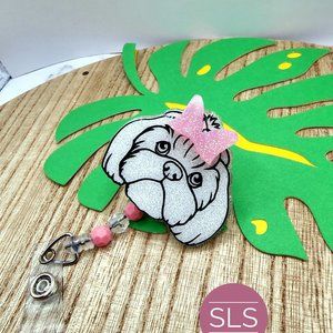 Cute White Shih Tzu Glitter Badge Reel with Pink Bow-Badge Reel With Beads